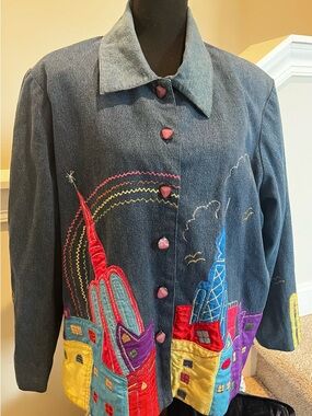 Vintage 90’s Kaktus Multicolor Embroidered Cityscape Denim Jacket - 1X